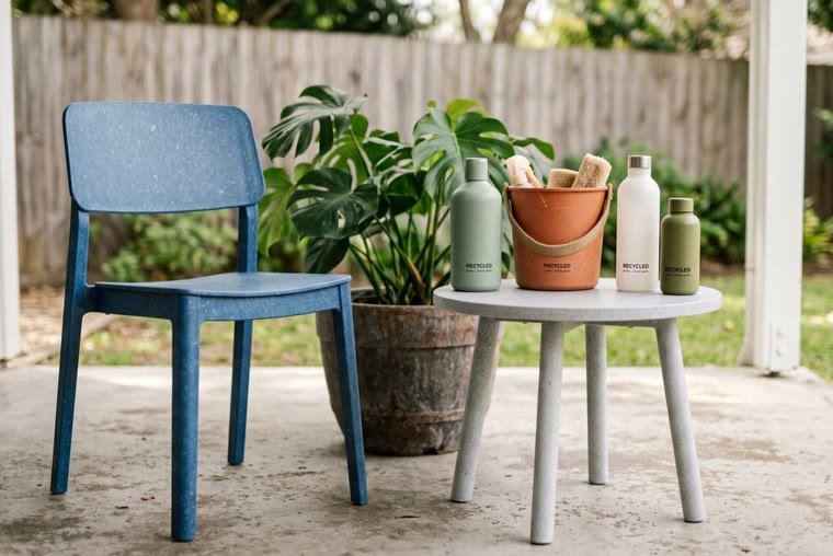 Furniture and bottles made from recycled plastic